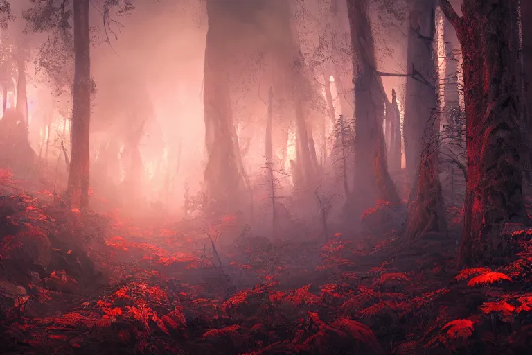 Prompt: a beautiful yet scary forest below etna, hyper detailed, orange red blue tones dramatic lighting, cgsociety, realistic, hyper detailed, insane details, intricate, dramatic lighting, hypermaximalist, golden ratio, rule of thirds, octane render, weta digital, micro details, ultra wide angle, artstation trending, 8 k,