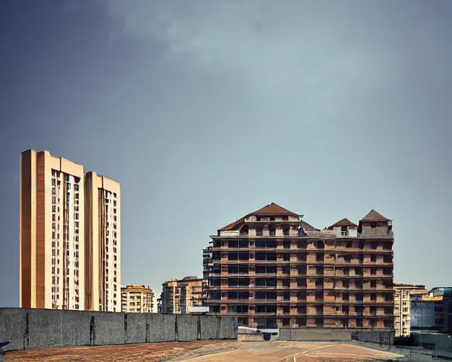 Prompt: a tall building with a brown roof next to a road, a matte painting by zlatyu boyadzhiev, unsplash, new objectivity, hdr, photo taken with provia, photo taken with ektachrome