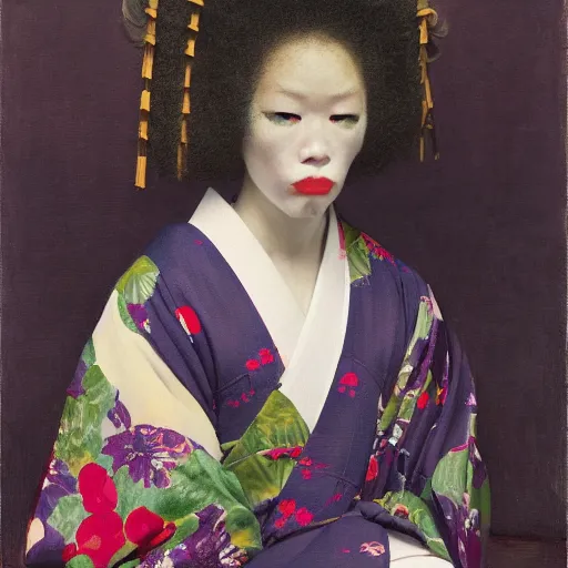 Image similar to girl with a samurai mask on, with afro, in kimono, frontview, sitting on edge of the bed, by jeremy lipking, tim rees, joseph todorovitch