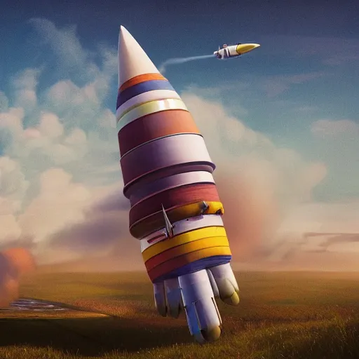 Image similar to multicolor 3 d render of a surreal rocket ship flying in the sky by stalenhag created at future in 4 k ultra high resolution, with inspiring feeling