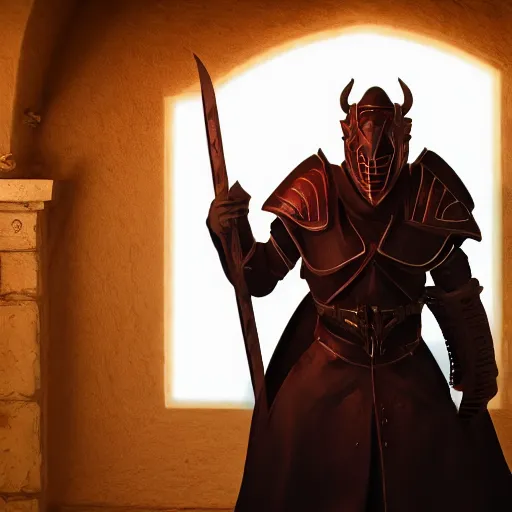 Image similar to handsome tiefling in plate armour standing in a door way, back lit by fire, 4 k, cinematic, volumetric light