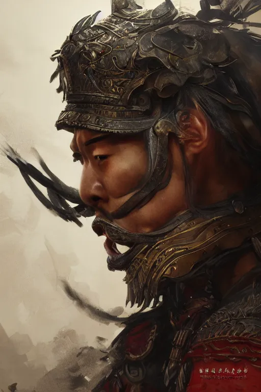 Image similar to chinese warrior, close - up portrait, fierce, intricate, elegant, volumetric lighting, scenery, digital painting, highly detailed, artstation, sharp focus, illustration, concept art, ruan jia, steve mccurry