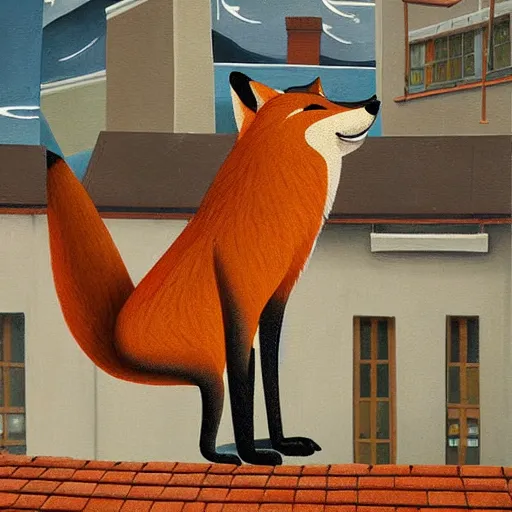 Prompt: anthropomorphic fox standing on a rooftop looking down on the city streets below, highly detailed painting