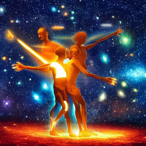 Image similar to the glowing human forms of pancha bhutas wielding their respective elements against a starry galaxy, with a small human silhouette prostrating in front of them, photorealistic render