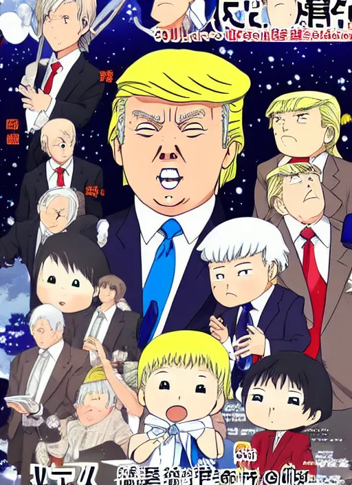 Image similar to donal trump manga, color, best scene, studio ghibli, chibi style, by katsuhiro otomo and hiroya oku and makoto yukimura