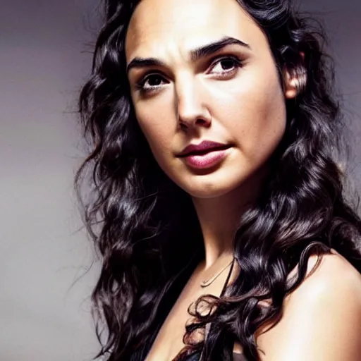 Prompt: a still of gal gadot a beautiful looking off into the distance, wavy long - length black hair, gold collar, white themyscira dress, beautiful brown eyes, medium shot, with a soft, natural light falling on her face. the focus is on her eyes and brows, which are perfectly shaped and well - defined. by annie leibowitz