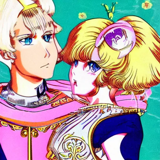 Image similar to Platinum-blonde-haired hime cut blue-eyed French empress, 1977 anime, retro anime style