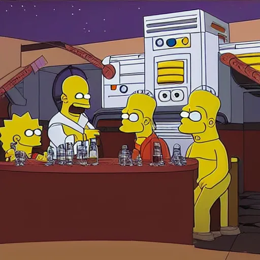 Prompt: cantina scene from star wars with the simpsons,