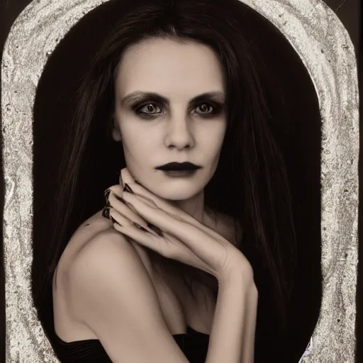 Prompt: a realistic portrait closeup 5 0 mm studio photograph by pamela hanson of morgan le fay, a powerful and ambiguous enchantress of legend, gazing at the camera with an intelligent and thoughtful look.