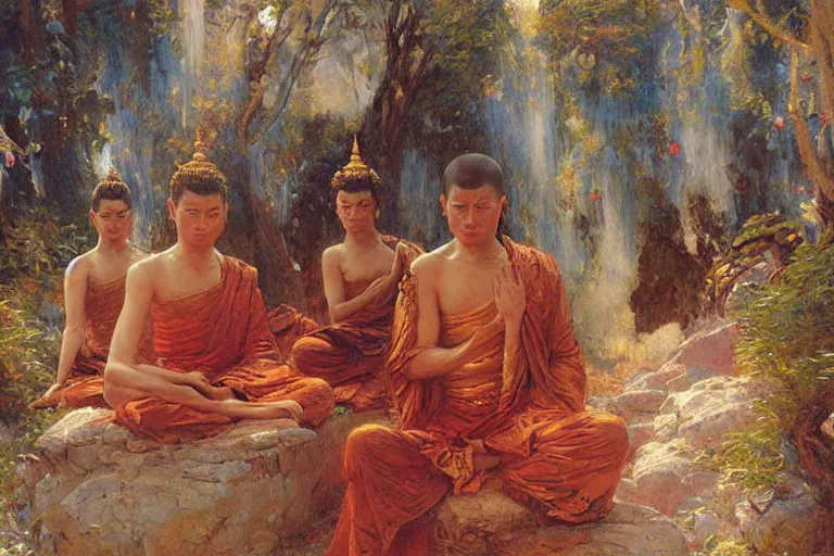 Prompt: buddhism, painting by gaston bussiere, greg rutkowski, jean giraud