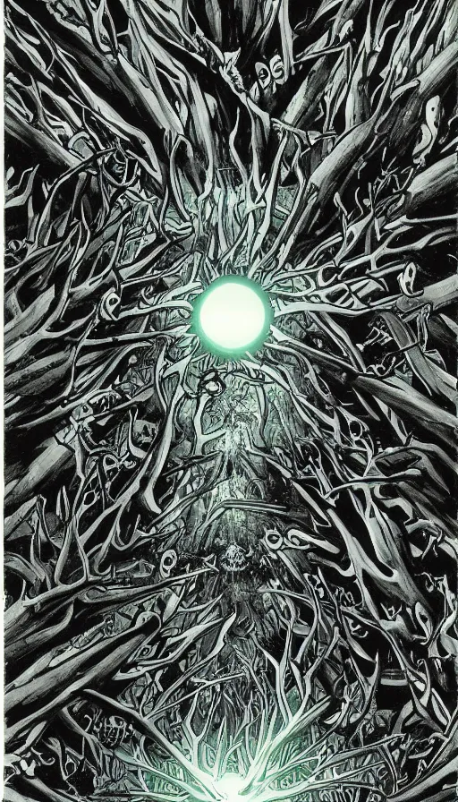 Prompt: a storm vortex made of many demonic eyes and teeth over a forest, by hideaki anno