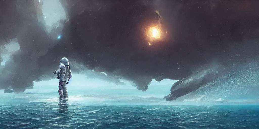 Prompt: an astronaut waist deep in the ocean,digital art,detailed,ultra realistic,art by greg rutkowski