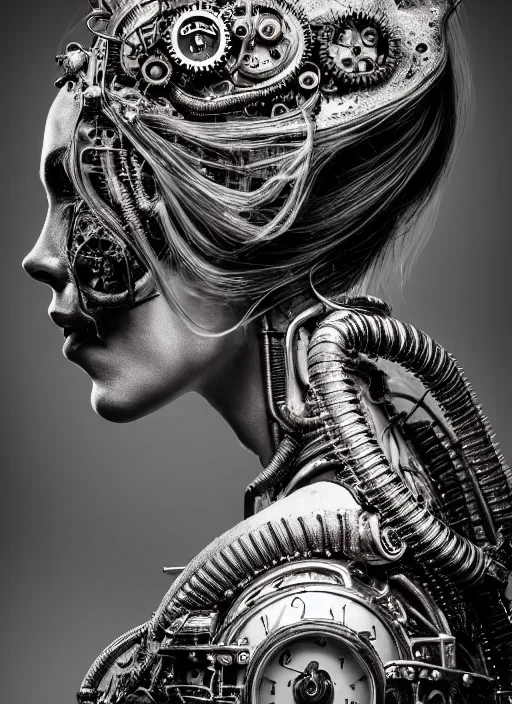 Prompt: a beautiful young female profile face made of steampunk smoke, by h. r. giger, glamor shot, tri - x 4 0 0 tx, closeup, blur effect, high contrast, 1 6 k, rim lights, rembrandt lighting, reflective, insanely detailed and intricate, hypermaximalist, elegant, ornate, hyper realistic, surreal dreamy poetic