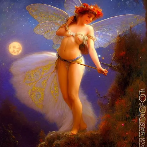 Image similar to attractive fairy magically floating high in the night, fantasy, full moon in background. highly detailed painting by gaston bussiere, craig mullins, j. c. leyendecker, sharp focus, 8 k