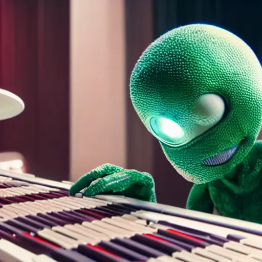 Image similar to cinematic film still of Pharrell Williams Making A Beat with an anthropomorphic alien, Japanese VFX, 2018, 400mm lens, f1.8, shallow depth of field,film photography