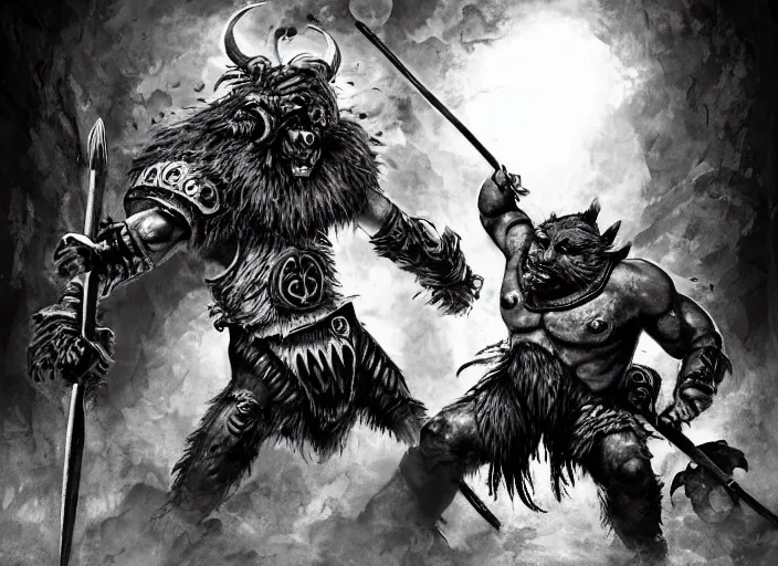 Prompt: a human warrior fighting a bugbear, black and white fantasy illustration by nils gulliksson
