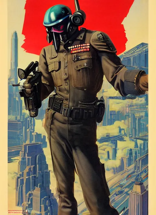 Image similar to american propaganda poster. cyberpunk police trooper. portrait by jean giraud and anton otto fischer and john philip falter and will eisner and gil elvgren. realistic proportions. character art. science fiction d & d. tf 2, overwatch.