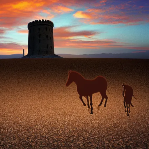 Image similar to desert at night filled with centaurs, tall white tower in the background, HD,