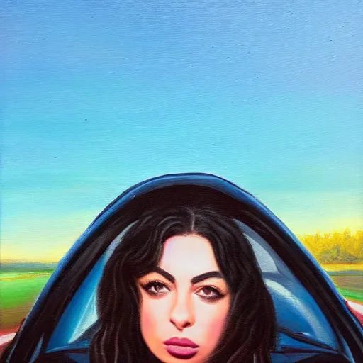 Prompt: charli xcx on the windshield of a car, oil painting, detailed