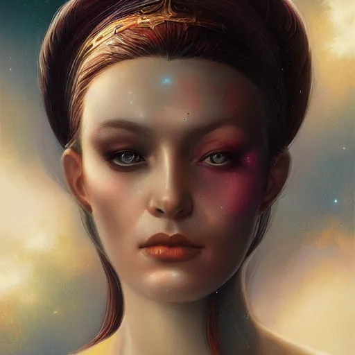 Image similar to a beautiful portrait of a cosmic goddess by Jim Burns and Tom Bagshaw, Trending on Artstation, nebula background