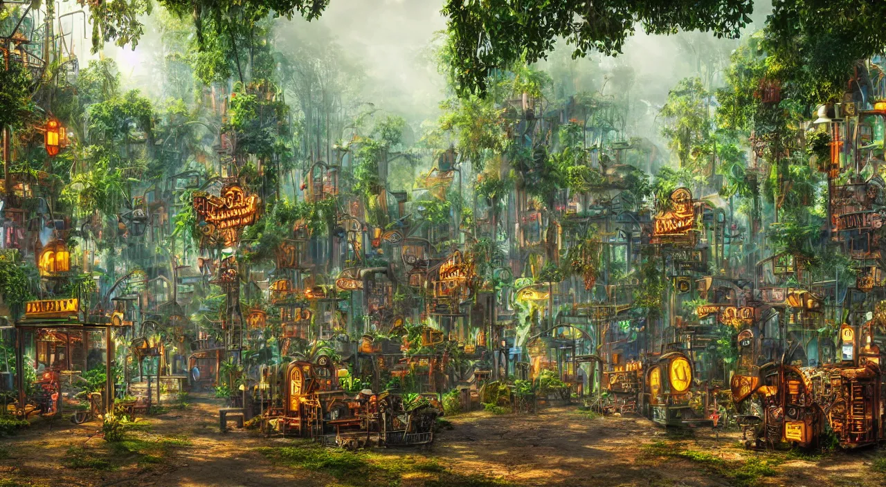 Prompt: a steampunk village in a forest on a summers day, suns rays, rain, lush vegetation, junk everywhere, neon signs, magical atmosphere, mist, photo realistic, 35mm, octane render, 8k, guido borelli da caluso