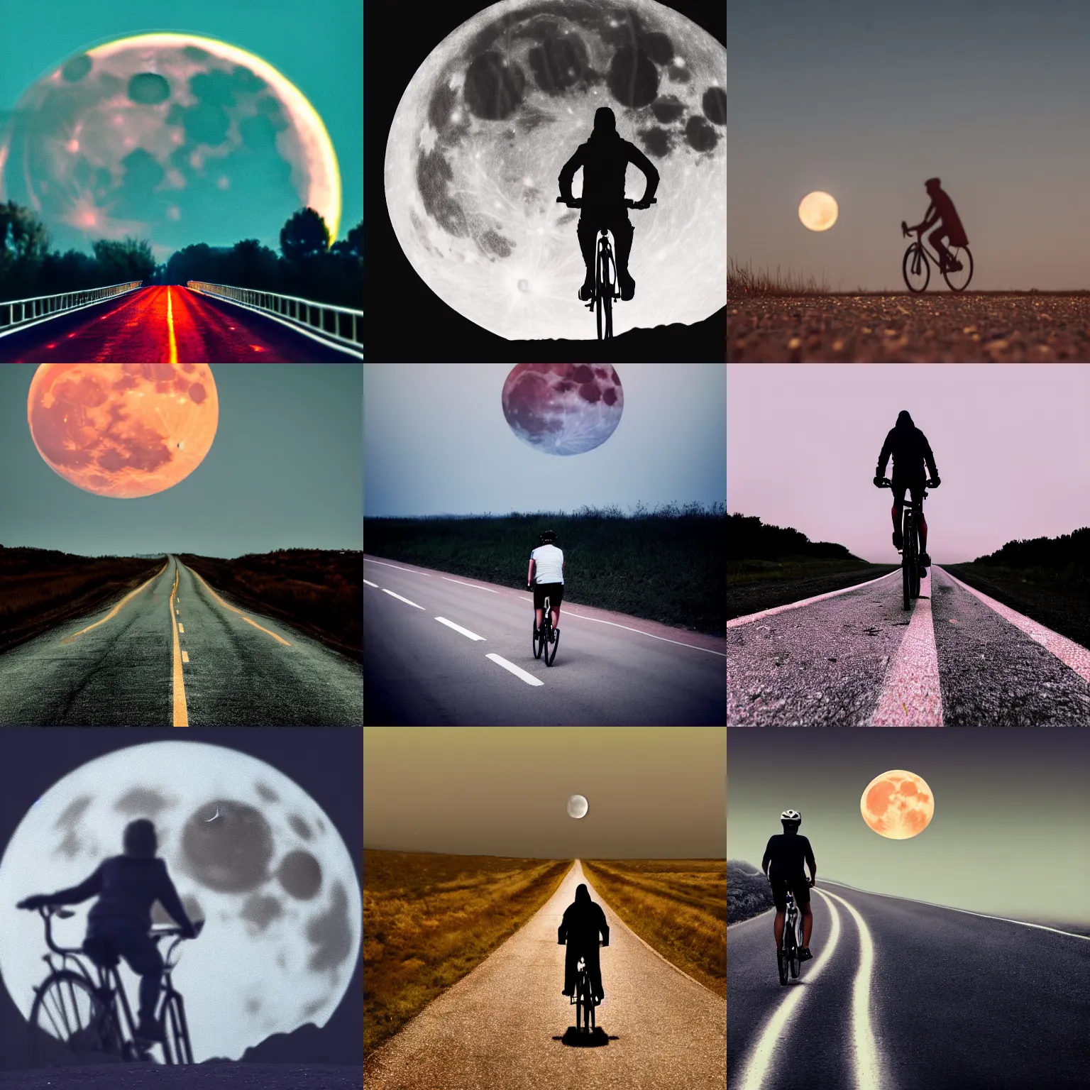 Prompt: high detail photograph of someone riding a bicycle on a long lonely road in front of a giant rose moon, cinematic, atmospheric, spooky, hazy, 8k, tranquil, desolate