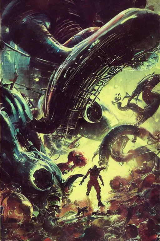 Prompt: huge slimy huge pig attacks, dynamic action on alien planet, by norman rockwell, jack kirby, jon berkey, earle bergey, craig mullins, ruan jia, jeremy mann, tom lovell, marvel, astounding stories, 5 0 s pulp illustration, scifi, fantasy