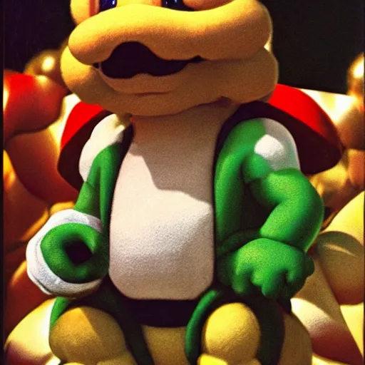 Image similar to Candid portrait photograph of King Koopa from super mario hold Mario Kart 1st winner trophy, taken by Annie Leibovitz