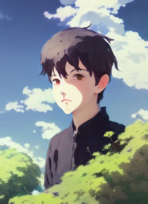 Image similar to portrait of cute boy, cloudy sky background lush landscape illustration concept art anime key visual trending pixiv fanbox by wlop and greg rutkowski and makoto shinkai and studio ghibli