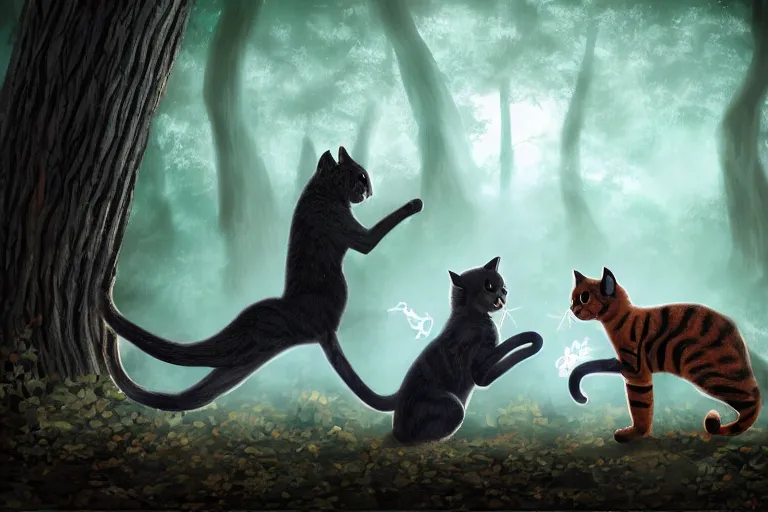 Prompt: two cats fighting in the dark forest, dramatic, backlighting, trending on artstation, digital art, trending on furaffinity, by wayne mcloughlin