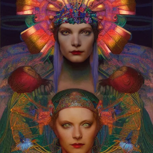 Image similar to goddess of the future city, by Annie Swynnerton and Diego Rivera and Tino Rodriguez and Maxfield Parrish, elaborate headdress and embroidered velvet, iridescent beetles, rich color, dramatic cinematic lighting, extremely detailed