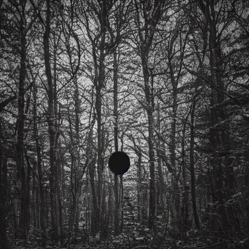 Image similar to grainy surveillance photo still of an alien in the woods at night hiding in the trees of a forest