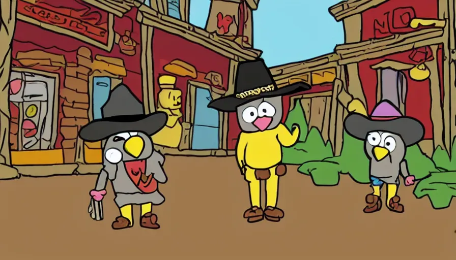 Image similar to 2000s cartoon show screenshot about a gunslinging owl from the wild west, wearing a cowboy hat an eye mask, standing in an old west town the animated show, in the style of cowboys of moo mesa