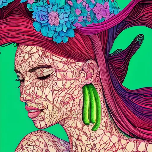 Prompt: a portrait of an incredibly beautiful, colorful, graceful, elegant, and sophisticated young woman made of cucumbers looking up, an ultrafine detailed illustration by james jean, intricate linework, bright colors, final fantasy, behance contest winner, vanitas, angular, altermodern, unreal engine 5 highly rendered, global illumination, radiant light, detailed and intricate environment