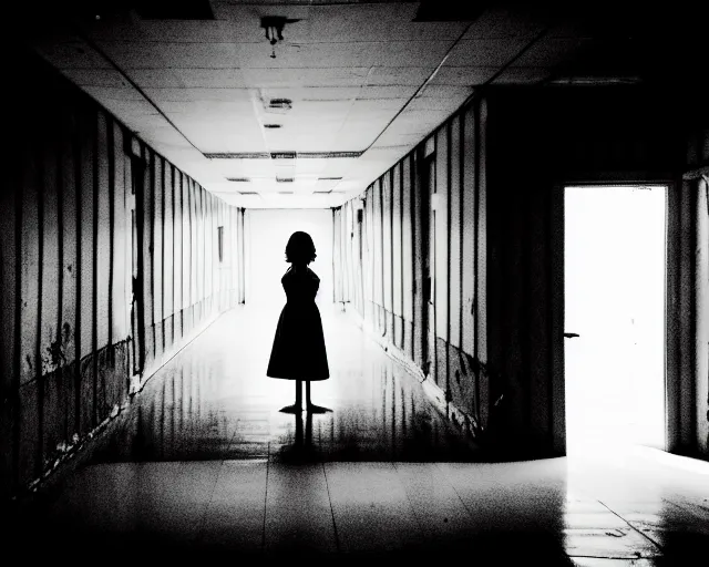 Image similar to creepy woman wearing white dress standing in the backrooms, psychological horror, the eerie forlorn atmosphere of a place that's usually bustling with people but is now abandoned and quiet, buzzing fluorescent lights above the ceiling, unsettling images, liminal space, dark