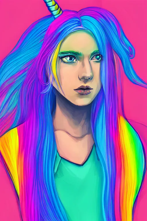 Image similar to a girl with rainbow hair, unicorn horns, portrait, rim light, fresh colors, gradients, highly detailed, digital illustration, concept art, smooth, sharp focus,