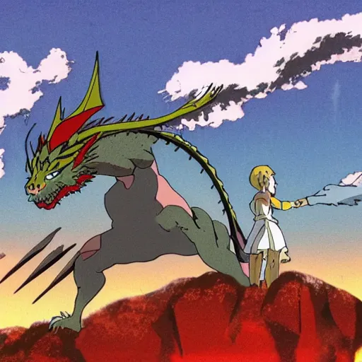 Image similar to a dragon battling with a tornado studio ghibli