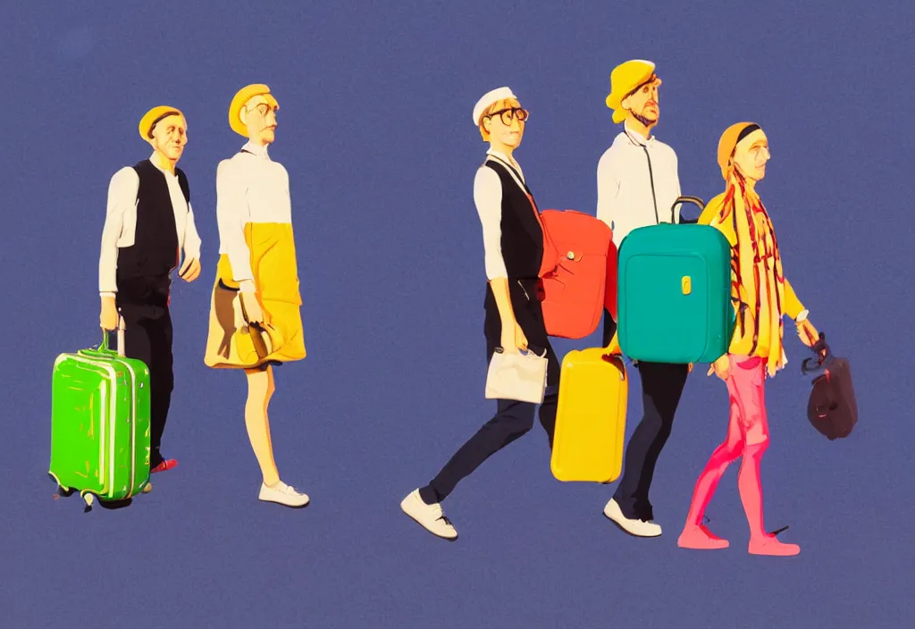 Image similar to full body portrait of a trio of european tourists autumn travel apparel, various poses walking and carrying luggage, character designs painting, in the style of wes anderson, rene magritte, lola dupre, david hockney, isolated on white background, dark monochrome neon spraypaint accents volumetric octane render