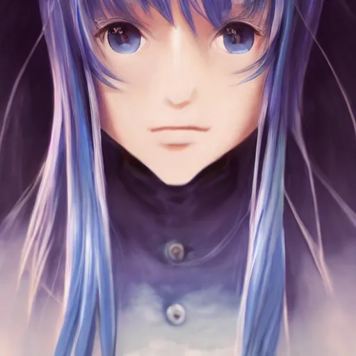 Image similar to profile shot of rimuru tempest, sky blue, straight hair, long bangs, | amber colored eyes | wearing a black jacket with white stripes, high collar, highly detailed, unreal engine 5, digital painting, cinematic, wlop | artgerm, pixiv, yoshitaka amano, greg rutkowski, ilya kuvshinov, andy warhol