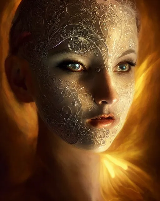 Image similar to lightpainting, diffuse lighting, fantasy, intricate wiccan facial lightpainting, elegant light, highly detailed, lifelike, photorealistic, digital painting, artstation, concept art, smooth, sharp focus, art by john collier, albert aublet, krenz cushart, artem demura, michael bosanko