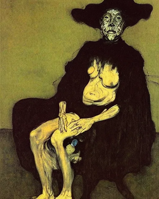 Image similar to a seated portrait of a dead figure and black dog,  Francisco Goya painting, part by Beksiński and EdvardMunch. art by Takato Yamamoto and Edvard Munch, Francis Bacon masterpiece