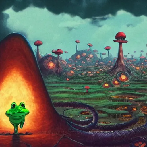 Prompt: A centered chest up portrait of a scary psychedelic godlike anthropomorphic frog smoking tobacco , magic mushroom village in background . award winning. superb resolution. in the art style of junji Ito and greg rutkowski . Detailed Mushroom city in background. Hyper realistic anime. Perfect art. Dalle2