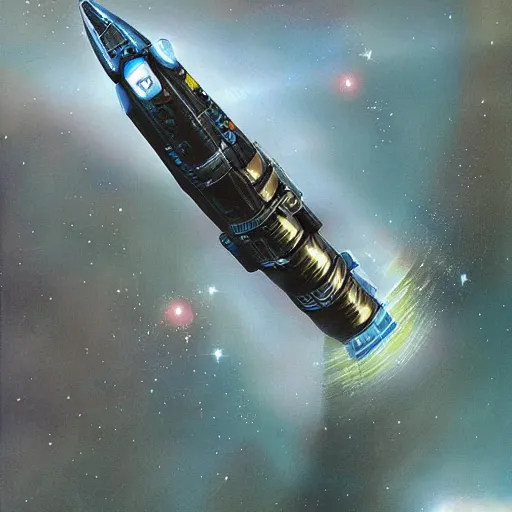 Image similar to Spaceship by the gravity well of a black hole, inspired by Chris Foss and Keith Parkinson