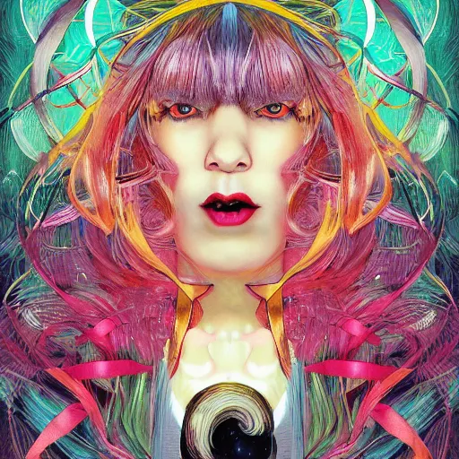 Image similar to portrait of crazy beautiful singer sia kate isobelle furler, big ribbon, ymmetrical, by yoichi hatakenaka, masamune shirow, josan gonzales and dan mumford, ayami kojima, takato yamamoto, barclay shaw, karol bak, yukito kishiro