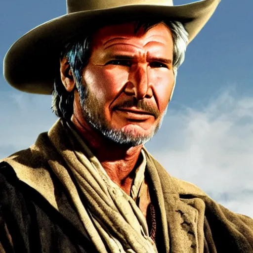 Image similar to harrison ford as the man with no name from the good the bad and the ugly ( higly detailed, still shot, cinematic, photo realistic, great quality )