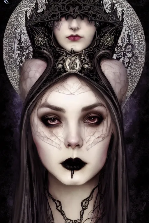Prompt: beautiful gothic and victorian and luxury and evil young medieval dark crown princess portrait like +smoky eyes+front face with light flowing hair, ultradetail face, art and illustration by tian zi and craig mullins and miqi and alphonse mucha, fantasy, intricate complexity, human structure, human anatomy, fantasy character concept, dynamic lighting, neon light, ssci-fi, watermark, blurry, hyperrealism 8k