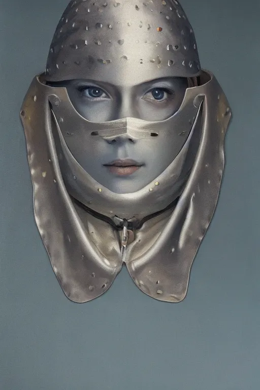 Image similar to hyperrealism oil painting, close - up portrait of face hiding in stingray medieval fashion model, knight, steel gradient mixed with nebula sky, in style of baroque mixed with 7 0 s japan book art