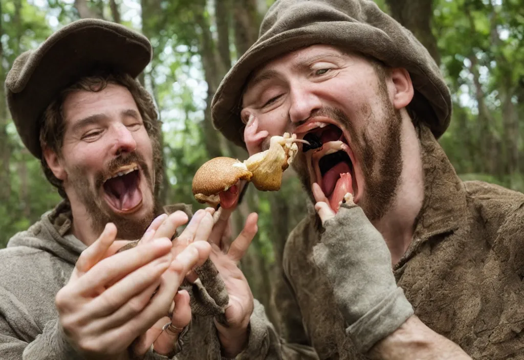 Prompt: A masterpiece photo of a man excited over a mushroom an licking it, photorealistic