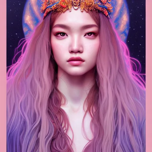 Image similar to portrait of jossi of blackpink, goddess of the moon, highly detailed, digital painting, smooth, sharp focus, illustration, ultra realistic, 8 k, art by artgerm and alphonse mucha