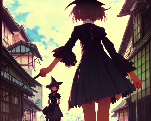 Image similar to key anime visual portrait of a young female witch walking through a busy fantasy village, ilya kuvshinov, dynamic pose, dynamic perspective, cinematic, dramatic lighting, muted colors, detailed silhouette, textured, anime proportions, kyoto animation, haibane renmei, niea under 7, yoh yoshinari